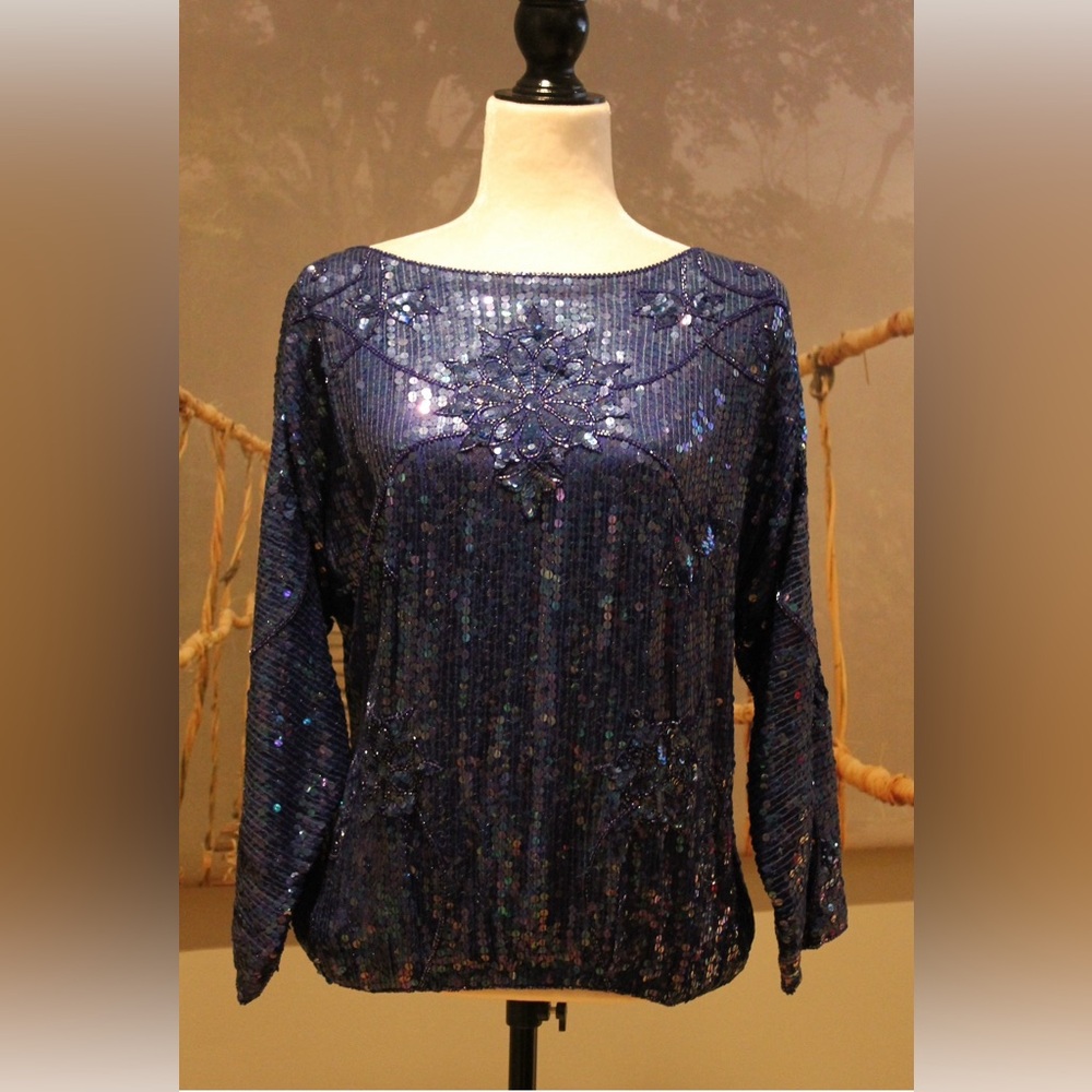 Navy Blue Long Sleeve Sequin Top